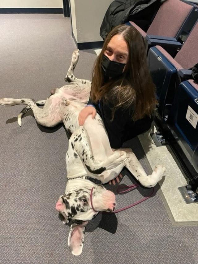 Amanda Girard, Middle School Coordinator for the Georgetown Public Schools, spends quality time with comfort dog Thor.