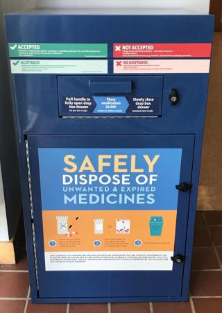 Our newly designed prescription drug collection bin, located inside our front lobby.